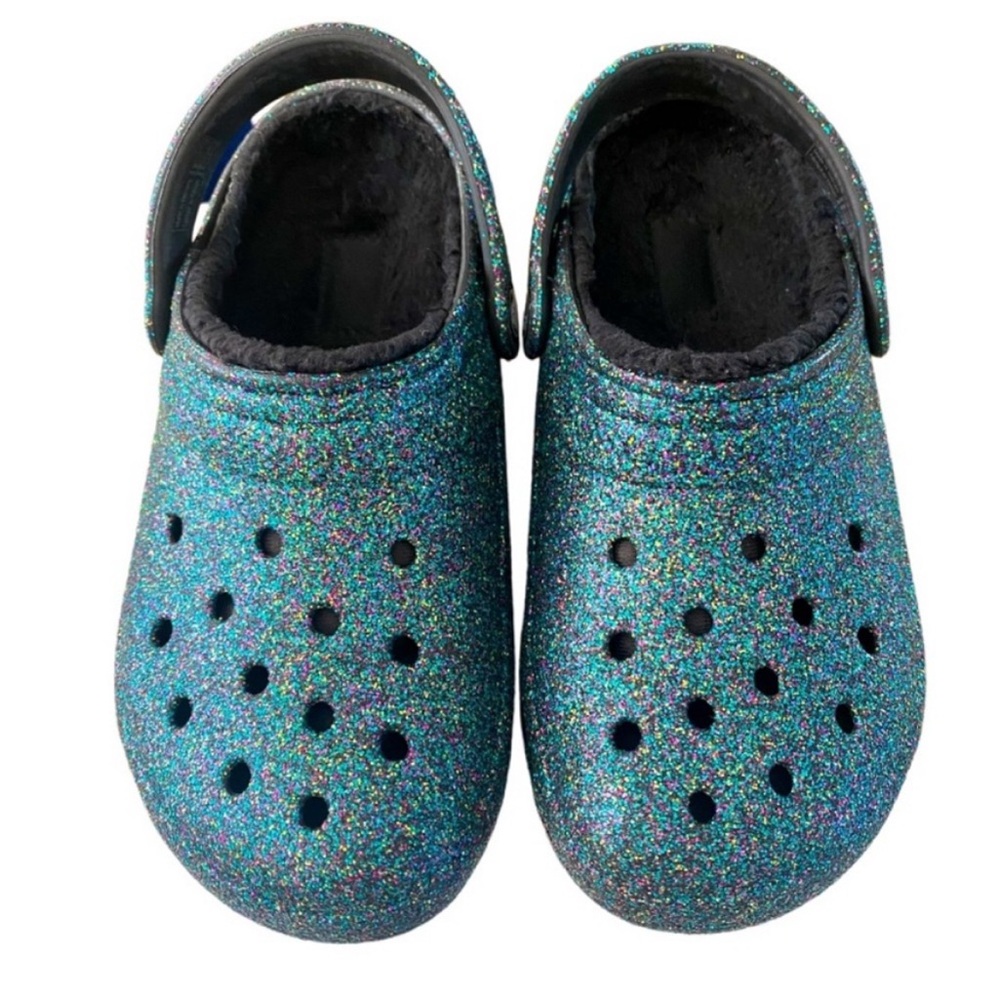 Crocs Green/ Multi Colored Glitter and Faux Fur Lined Slides Mens 4, Women’s 6